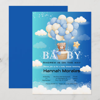 Invitation Ours mignon avec ballons Baby shower double ombrag
