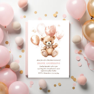 Invitation Ours mignon Avec Ballons Bébé rose