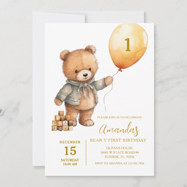 Invitation Ours mignon Avec Ballons Garçon Premier Anniversai (Devant)