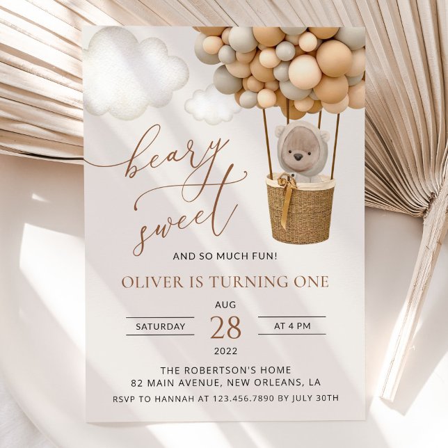 Invitation Ours mignon, Ballons Beiges, Premier Anniversaire (Créateur téléchargé)