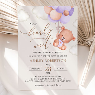 Invitation Ours, Ours mignon, Ballons pourpres, Baby shower