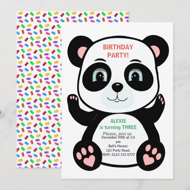 Invitation Ours Panda Cute & Confetti Multicolore (Devant / Derrière)