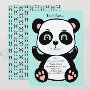 Invitation Ours Panda Mignon sur une Fête d'Anniversaire Bleu
