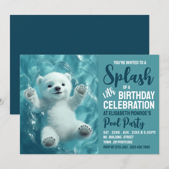 Invitation Ours polaire éclaboussant, fête de la piscine Anni (Devant / Derrière)