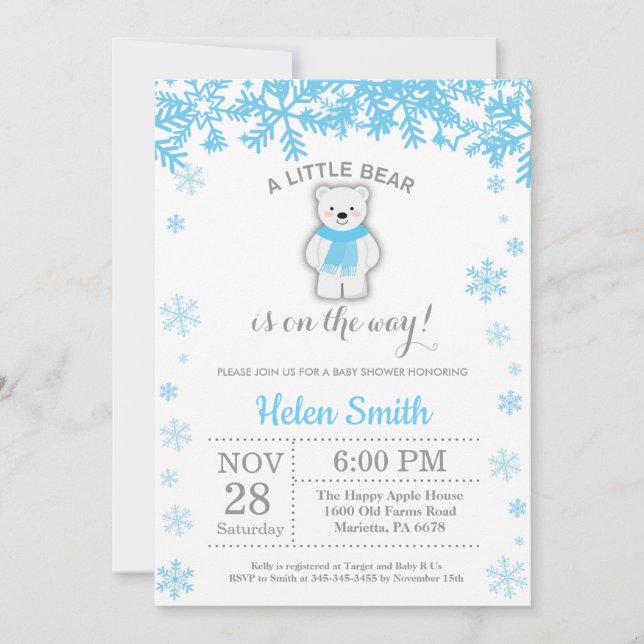 Invitation Ours polaire Hiver Baby shower Garçon bleu Flocon  (Devant)
