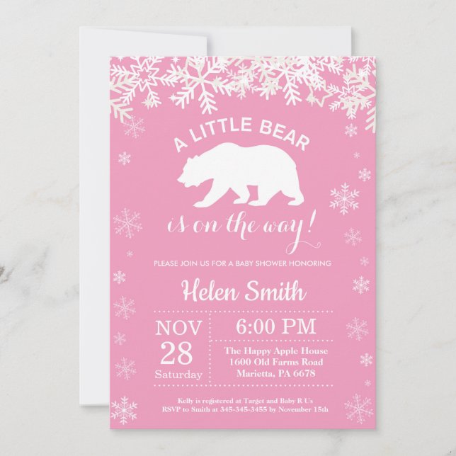 Invitation Ours polaire Hiver Fille Baby shower Flocon de nei (Devant)