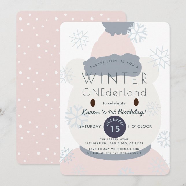 Invitation Ours polaire Hiver Onederland Girl 1er anniversair (Devant / Derrière)