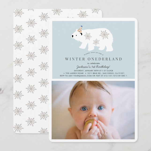 Invitation Ours polaire hiver Onederland Photo bl 1er anniver (Devant / Derrière)