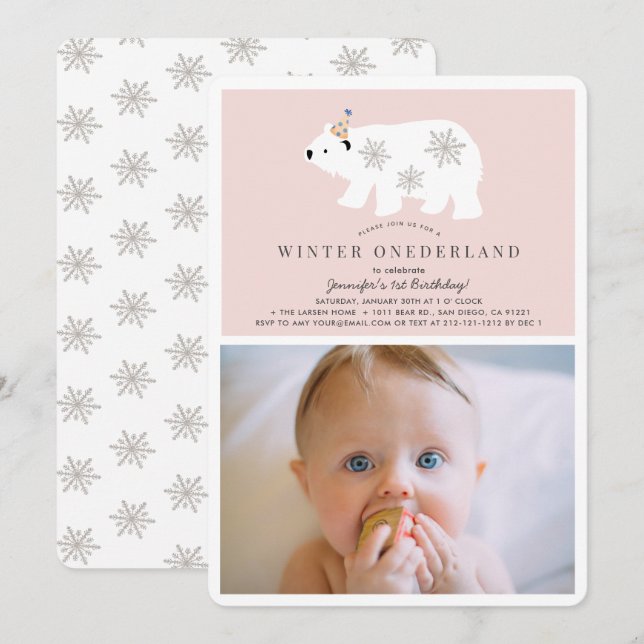 Invitation Ours polaire Hiver Onederland Photo pk 1er Anniver (Devant / Derrière)