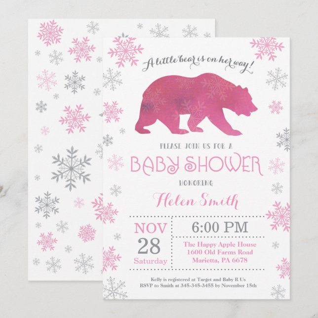 Invitation Ours polaire Hiver rose Fille Baby shower Flocon d (Devant / Derrière)