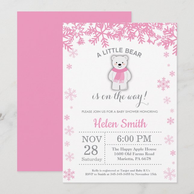 Invitation Ours polaire Hiver rose Fille Baby shower Flocon d (Devant / Derrière)