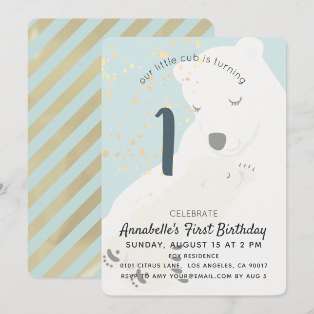 Invitation Ours polaire Maman & Cub Bleu 1er Anniversaire Inv (Devant / Derrière)