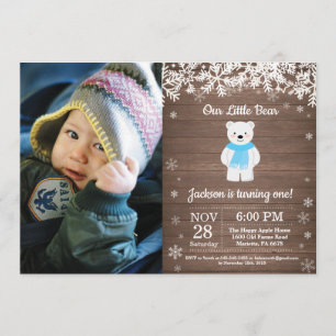 Invitation Ours Polaire Rustique Hiver Garçon Anniversaire Ph