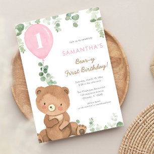 Invitation Ours premier anniversaire rose verdure fille ballo