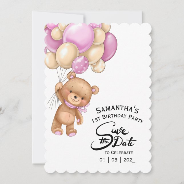 Invitation Ours rose Fille d'anniversaire (Devant)