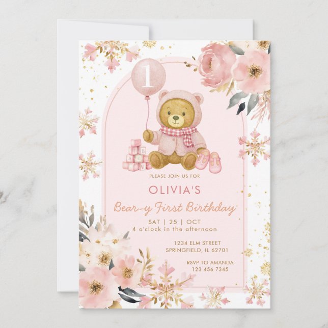 Invitation Ours rose Hiver Flacon de neige Beary Premier anni (Devant)
