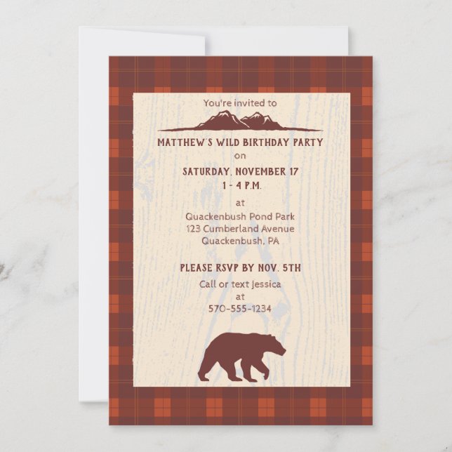 Invitation Ours Rustique Plaid et fête d'anniversaire de la m (Devant)