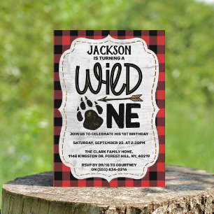 Invitation Ours Rustique Plaid Forêt Paw Garçons 1er annivers