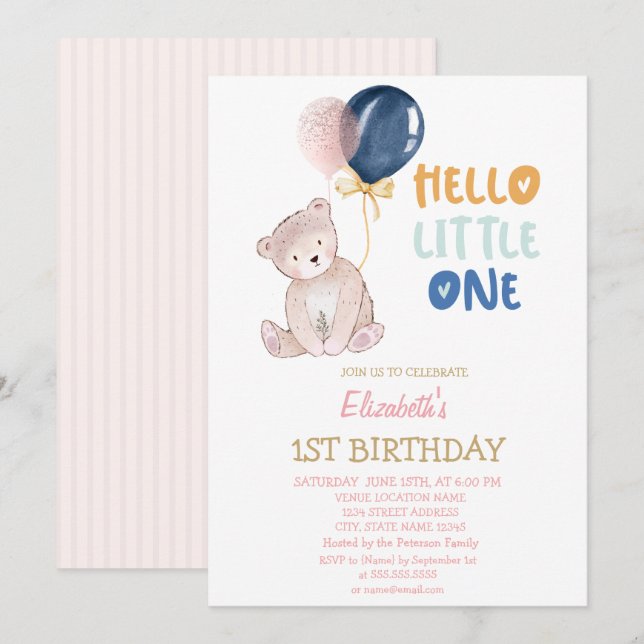 Invitation Ours Teddy rayé Bonjour Petit Un Anniversaire (Devant / Derrière)