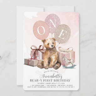 Invitation Ours-y 1er anniversaire Ourson Fille de ballons ro