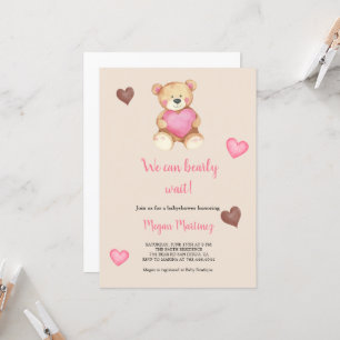 INVITATION OURSIN À L'AQUARELLE ROSE ET MARRON POUR BABY-SHOW