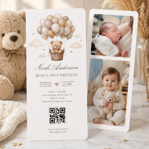 Invitation Ourson 1er Anniversaire Thème Bohème Neutre QR