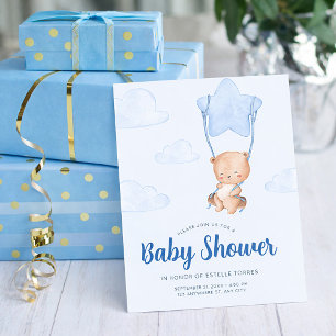 Invitation Ourson Bleu avec Garçon à la Fête de Naissance au