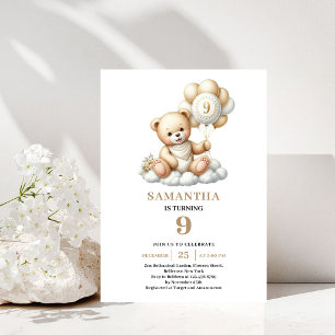 Invitation Ourson Charmant Ballons Dorés pour 9ème Anniversai
