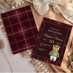 Invitation Ourson classique polo prépa plaid Baby Shower