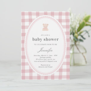 Invitation Ourson en peluche Baby shower Gingham rose