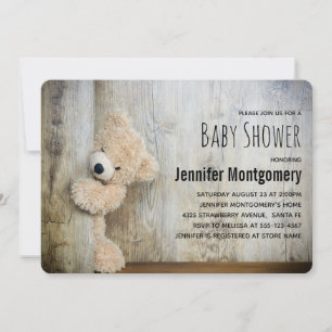 Invitation Ourson en peluche mignon Fond en bois rustique Bab