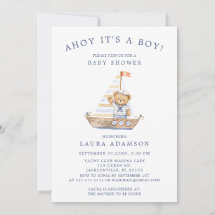 Invitation Ourson Marin Minimaliste Aquarelle Bleue 