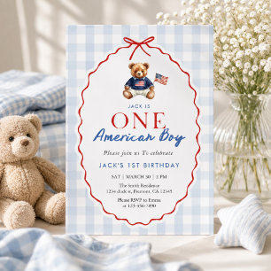 Invitation Ourson Teddy Américain Prépa à carreaux bleus Garç