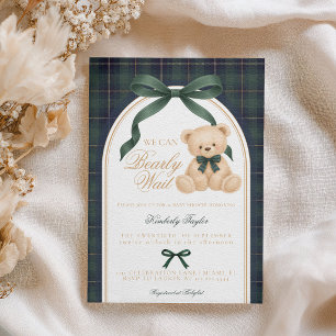 Invitation Ourson vintage à carreaux verts polo Baby Shower