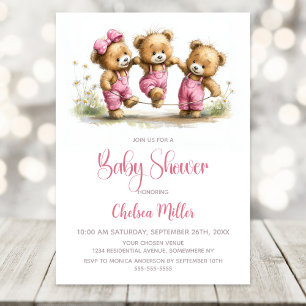Invitation Oursons en peluche filles en salopette rose pour B