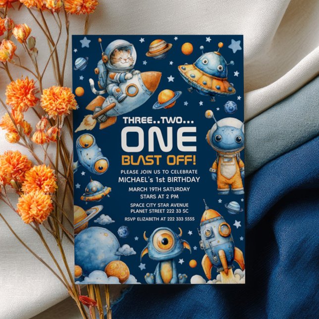 Invitation Outer Space Astronaut Cat Blast Off 1st Birthday (Créateur téléchargé)