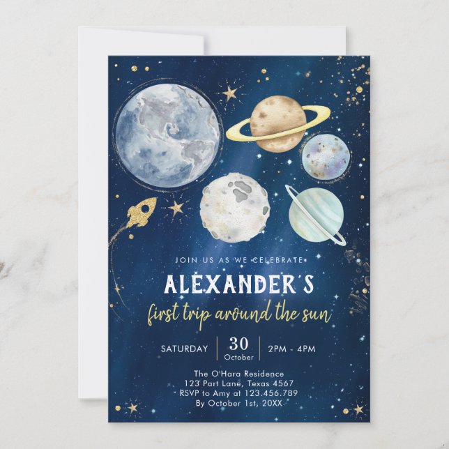 Invitation Outer Space First Trip Around the Sun 1st Birthday (Devant)
