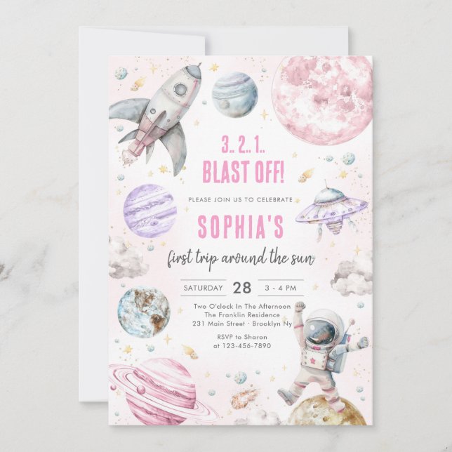 Invitation Outer Space Planets Astronaut Girl Birthday (Devant)