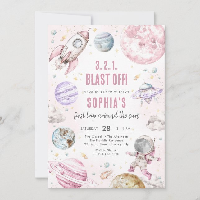 Invitation Outer Space Planets Astronaut Girl Birthday (Devant)