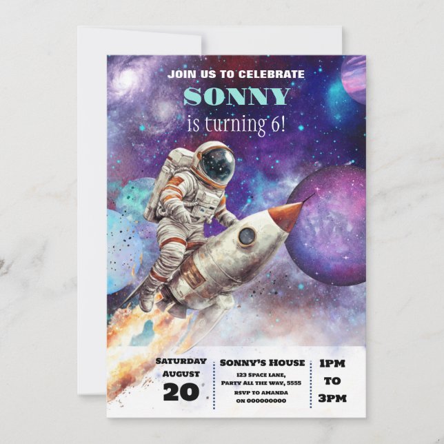 Invitation OuterSpace Anniversaire Partie Astronaut Galaxy Pl (Devant)