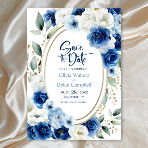 Invitation Oval Blue Floral Wedding Enregistrer la date