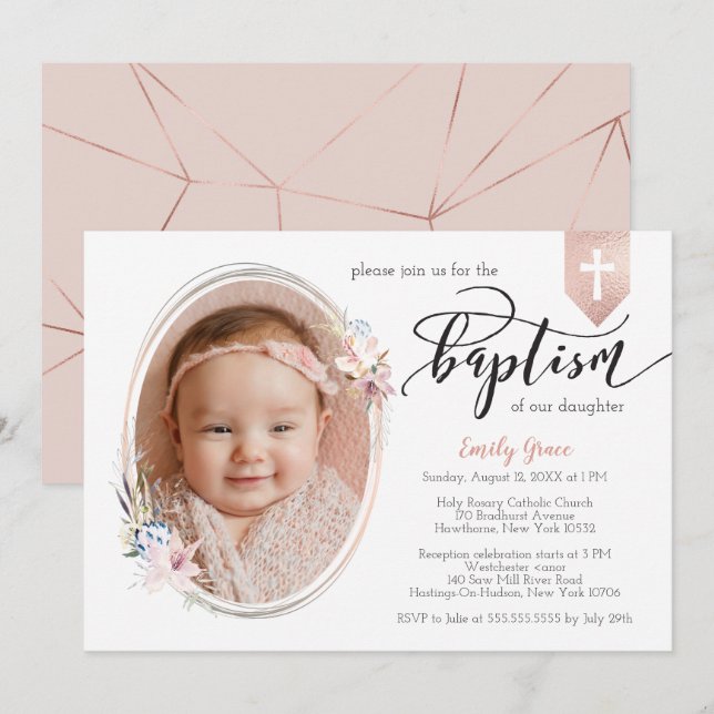 Invitation Oval Floral Photo Rose or Bannière Baptême Invitat (Devant / Derrière)