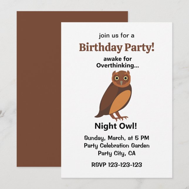 Invitation Overthinking Night Owl Funny Birthday Party (Devant / Derrière)