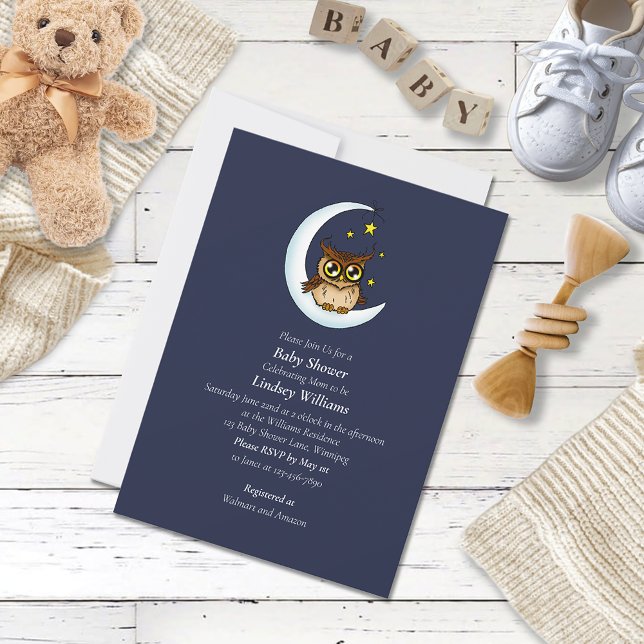 Invitation Owl Moon Blue Cute Stars (Créateur téléchargé)