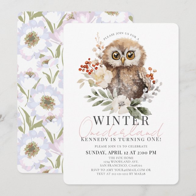 Invitation Owl Winter Onederland Girl 1er anniversaire (Devant / Derrière)