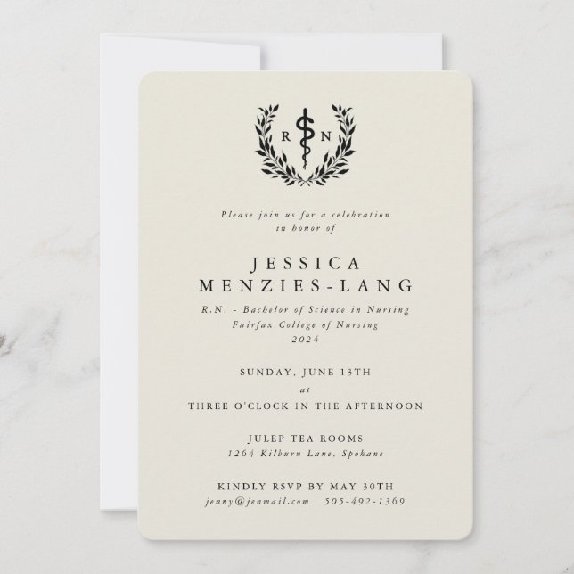 Invitation Oyster/Noir Infirmière inscrite Asclepius Graduati (Devant)