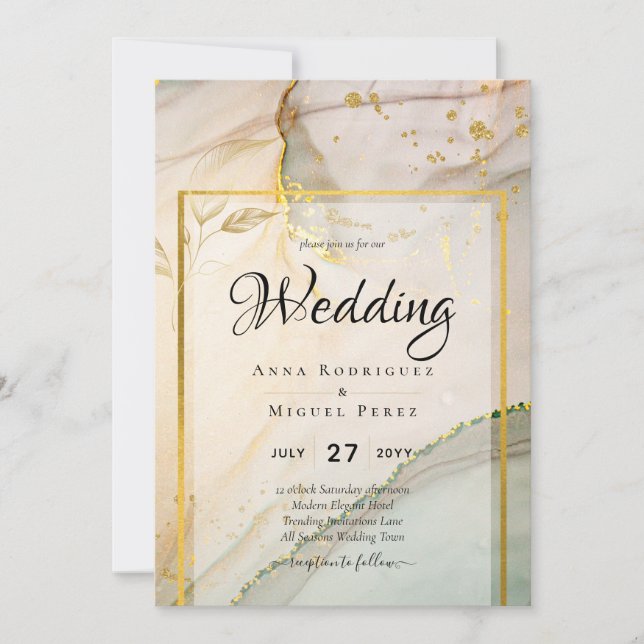 Invitation Oyster Pearl Gold MARIAGE Encre d'alcool Abstraite (Devant)