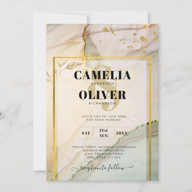 Invitation Oyster Pearl Gold MARIAGE Encre d'alcool Abstraite (Devant)