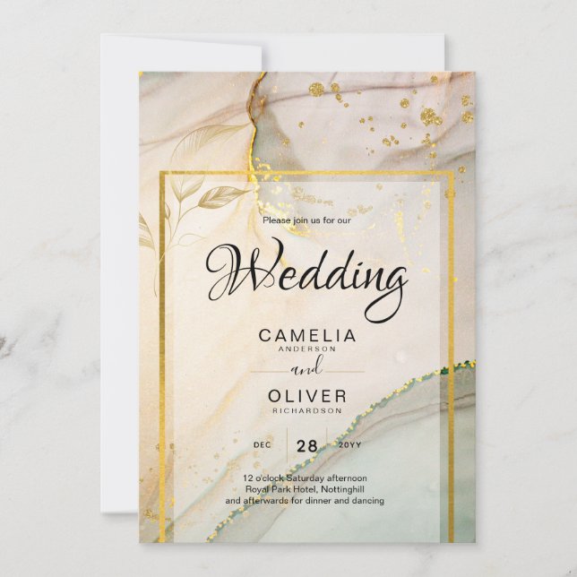 Invitation Oyster Pearl Gold MARIAGE Encre d'alcool Abstraite (Devant)