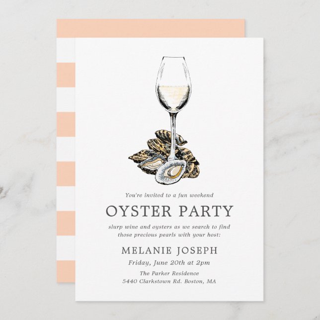 Invitation Oyster Pearl Party | Rayures pêche (Devant / Derrière)